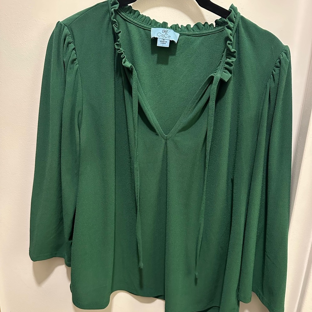 CeCe Forest Green Blouse with Ruffle Trim